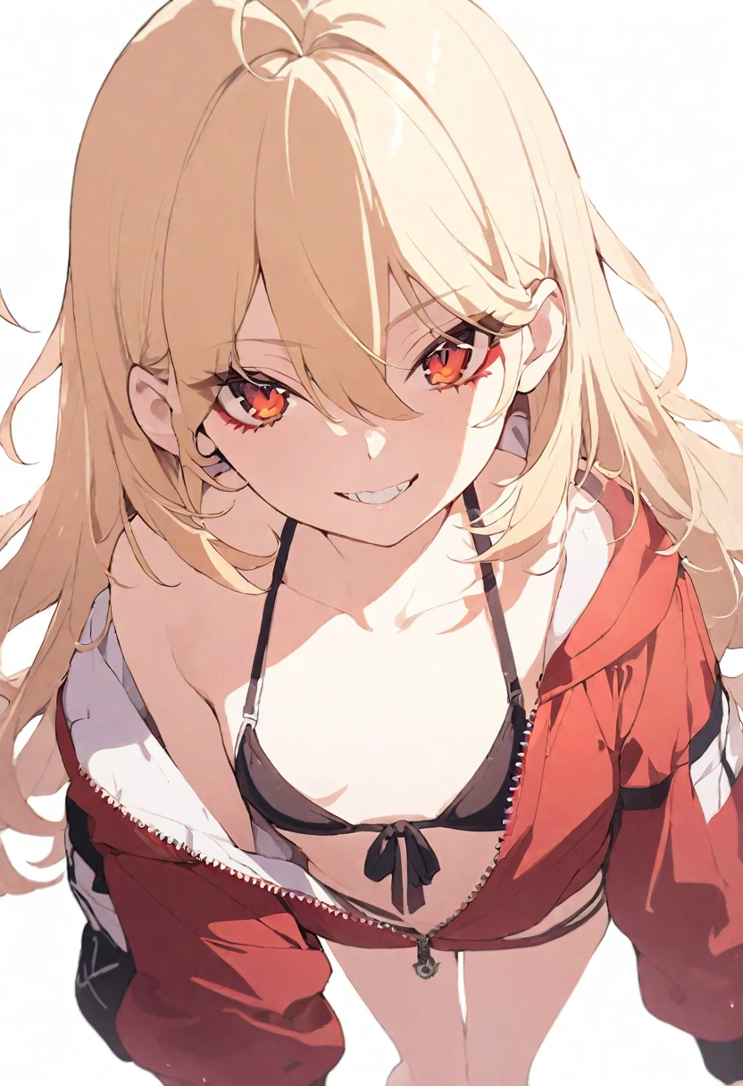 (masterpiece), (best quality), perfect face, beautiful girl, white background background, delicate and beautiful face and eyes, dark intense shadow, 
1 girl, vtuber style, cool girl, blond middle hair, blond straight hair, small ahoge, amber eyes, sharp eyes, sharp gaze, hair between eyes, yaeba, Yae Teeth, bikini, red jacket, unzipped jacket, small chest, cropped shoulders, clavicle, smile, bare feet, chest visible through clothes, (full body), looking at viewer, standing, white background,
