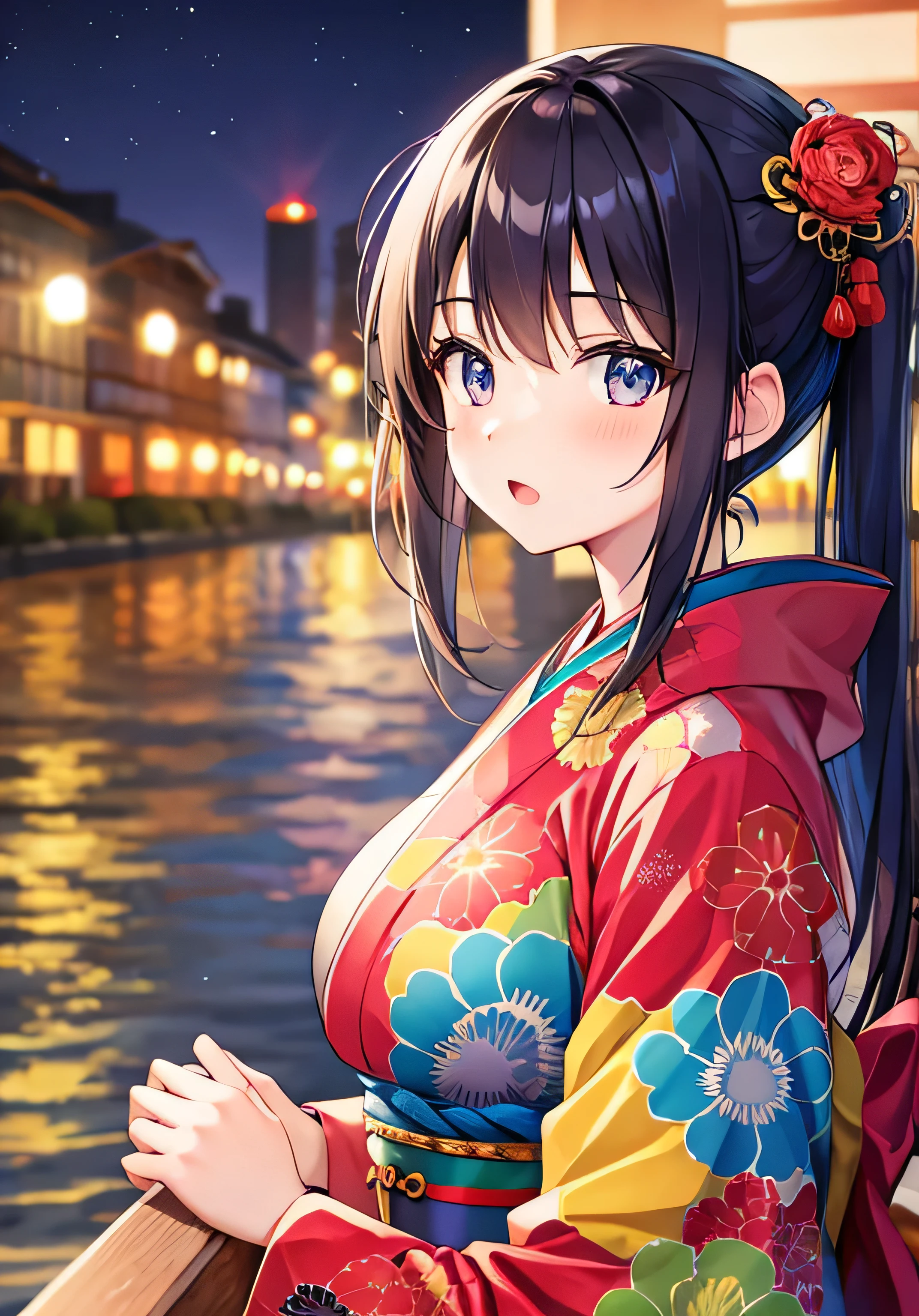 masterpiece、Highest quality、Ultra-high resolution、 girl with big breasts、twin tail hairstyle、black hair、Red face、shyly、open your mouth just a little、kimono、Fireworks Festival、at night time