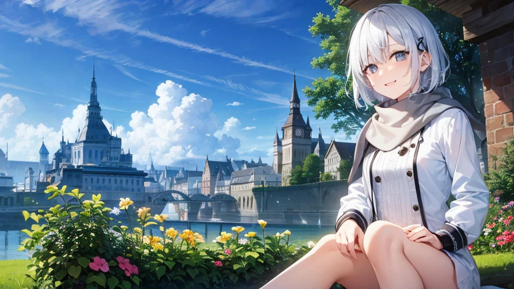 とてもShort Hair, Long bangs between the eyes, Grey Eyes , Very detailed,(masterpiece、highest quality)、alone、Gray Hair、Fantasy, Silver Hair, Beautiful Eyes,???????, charm, attract the audience, Fantasyな風景、White shirt、smile、Open your mouth、Scarf、short hair、Short Hair、Flower Field、hairpin、Dark Eyes