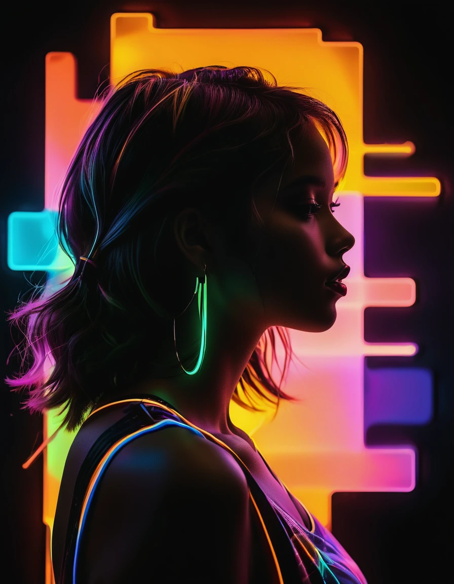 an abstract silhouette image featuring a girl in a vivid inverted heatmap neon 90's style, characterized by vibrant neon colors that evoke a retro aesthetic. The silhouette of the girl is intentionally vague, adding an artsy and enigmatic quality to the composition. The neon hues cast a radiant glow, creating a visually striking and nostalgic atmosphere reminiscent of the vibrant and eclectic artistry of the 90s. This abstract silhouette image exudes a sense of creativity and flair, inviting viewers to immerse themselves in the playful and colorful world of neon art
