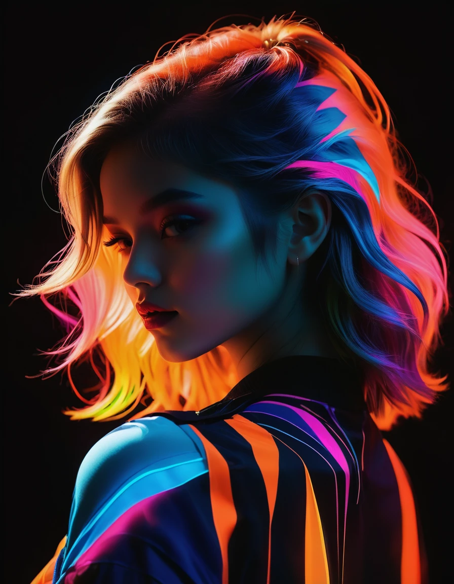 an abstract silhouette image featuring a girl in a vivid inverted heatmap neon 90's style, characterized by vibrant neon colors that evoke a retro aesthetic. The silhouette of the girl is intentionally vague, adding an artsy and enigmatic quality to the composition. The neon hues cast a radiant glow, creating a visually striking and nostalgic atmosphere reminiscent of the vibrant and eclectic artistry of the 90s. This abstract silhouette image exudes a sense of creativity and flair, inviting viewers to immerse themselves in the playful and colorful world of neon art