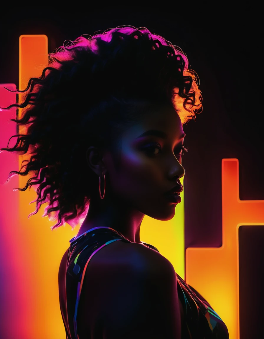 an abstract silhouette image featuring a girl in a vivid inverted heatmap neon 90's style, characterized by vibrant neon colors that evoke a retro aesthetic. The silhouette of the girl is intentionally vague, adding an artsy and enigmatic quality to the composition. The neon hues cast a radiant glow, creating a visually striking and nostalgic atmosphere reminiscent of the vibrant and eclectic artistry of the 90s. This abstract silhouette image exudes a sense of creativity and flair, inviting viewers to immerse themselves in the playful and colorful world of neon art