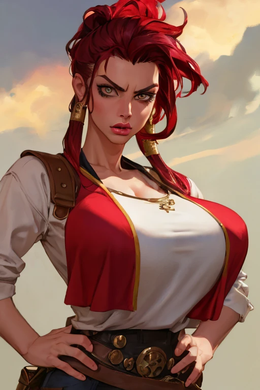 Girl with wavy red hair and rebellious, ((hair slicked back)), (((angry eyes))), ((dark circles around eyes)), (slendered abs:1.2), (detailed face, beautiful face, perfect lips, perfect nose),scar over left eye,erect nipples under clothes, golden eyes and tanned skin, ancient roman pirate style clothes, (gigantic breasts), background with clouds, realistic manhwa style.