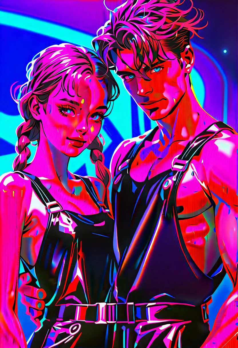 ((Picture in cyber punk style, create two characters), (futuristic , space station, space)))_((In the center of the composition there are two characters, close-up, a boy and a girl - full growth), (a girl in a stylish overalls, a slender figure, dynamic pose), (her clothes look very stylish, futuristic, a lot of details, latex material, textured fabric elements, colors, pink, blue, white), (her image embodies beauty and sympathy, her face radiates happiness, expressive eyes, smile), (her hairstyle, two long braids, hair dyed blue, pink - neon highlights))_((Her partner, a futuristic boy from the future, is dressed in all black, his preference in clothing, dark gothic style, combined with space jumpsuit, sporty stylish), (shoulder-length hair, handsome, black eyes, slender, young, strong body))_((Background, space station, space, technological elements, shine of stars))_((High image quality, stylish picture in cyber punk style, futuristic future, masterpiece), (animation cinematography, stylized realism, Japanese anime, blade runner, apple seed, animatrix), (FULL HD, 18K).