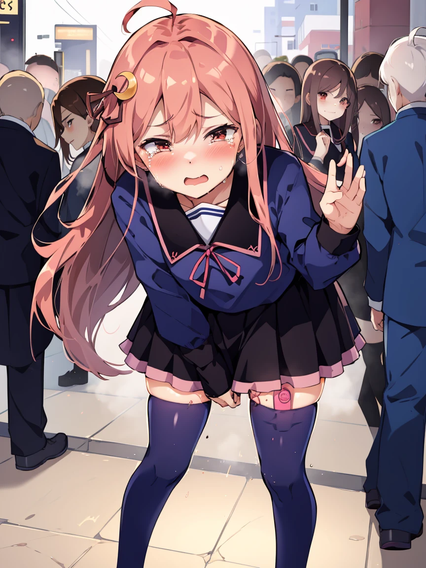 Portrait, official art, best masterpiece, best quality, best resolution, 8K, best detailed, perfect anatomy,
BREAK
looking at viewer
BREAK
1girl, uzuki, bunny pose, (low-tied long hair), pink hair, red eyes, ahoge, crescent hair ornament, rabbit hair ornament, hair ribbon, , serafuku, ribbon, long sleeves, pleated skirt, (flat chest)
BREAK
have to pee, standing, (pigeon-toed:1.1), hold your crotch, (leaning forward:1.2), (trembling:1.4), (thighvibe), (vibrator in thighhighs:1.3),
BREAK
(despairing:1.5), (blush:1.3), (female orgasm:1.3), (crying, tears),
BREAK
(crowd:1.3), (huddle), sidewalk, city, very fine and detailed 16KCG wallpapers