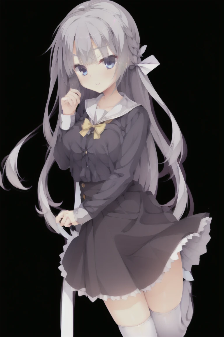 1girl,smiling,bangs,long_hair,ribbon,solo,blue_eyes,blush,silver_hair,simple_background,skirt,white_background,open_mouth,eyebrows_visible_through_hair,smile,looking_at_viewer,thighhighs,school_uniform,long_sleeves,serafuku,hair_ornament,hairclip,shadow,hairband,hair_between_eyes,standing,one_eye_closed,white_skirt,hair_ribbon,shirt,full_body,pleated_skirt,bow,bowtie,grey_hair,very_long_hair,white_shirt,black_footwear,collarbone,shoes,buttons,white_legwear,zettai_ryouiki,sailor_collar,hair_bow,blue_bow,yellow_bow,hand_up,blue_hairband,blue_ribbon,yellow_neckwear,index_finger_raised,standing_on_one_leg,;d,mary_janes,drop_shadow,white_sailor_collar,full_body,Character portrait,Bedroom,expensive_solve, clear_image, expensive_Contrast, 8k, Sparkling, beautiful_detailed_face_and_eye, (Dark Brown Hair:1.25), 白 eye,Black background