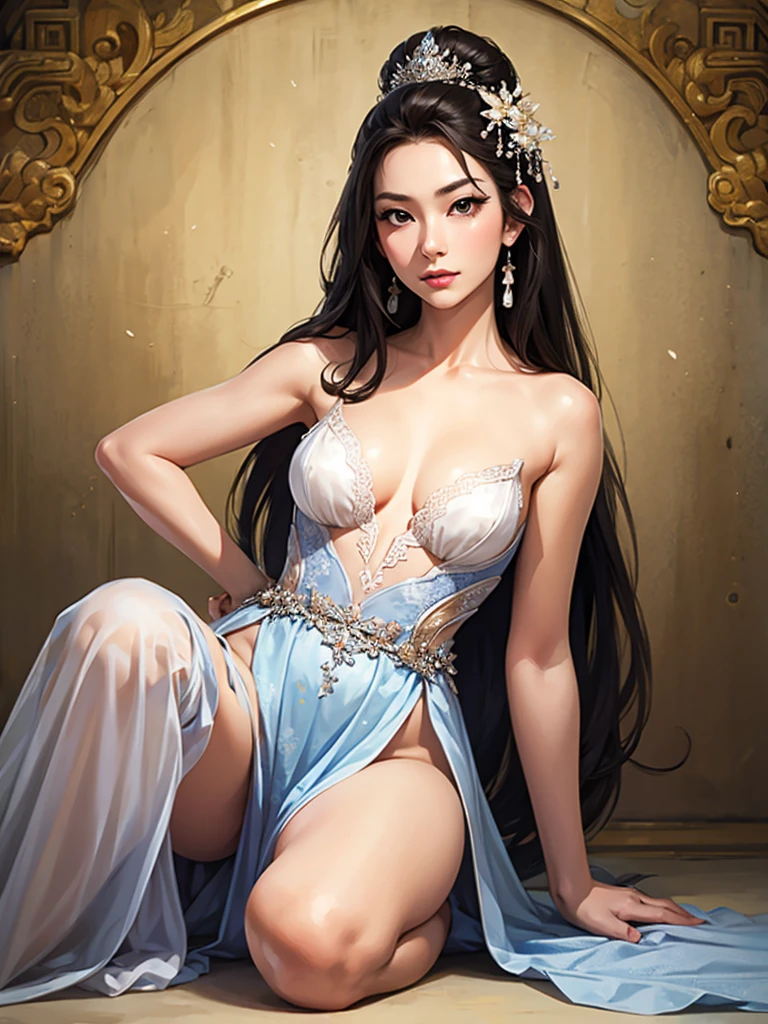 (best quality,ultra-detailed,realistic:1.37),(Korean:1.1)(beautiful detailed dress,adult,woman,detailed description),(beautiful detailed woman,beautiful Chinese background,exposed collarbone),(black eyes,natural eyes,realistic facial features,beautiful leg line),(sexy,full body photo,realistic body proportions,accurate eye ratio),(frontal photo,realistic and slender face), some nude