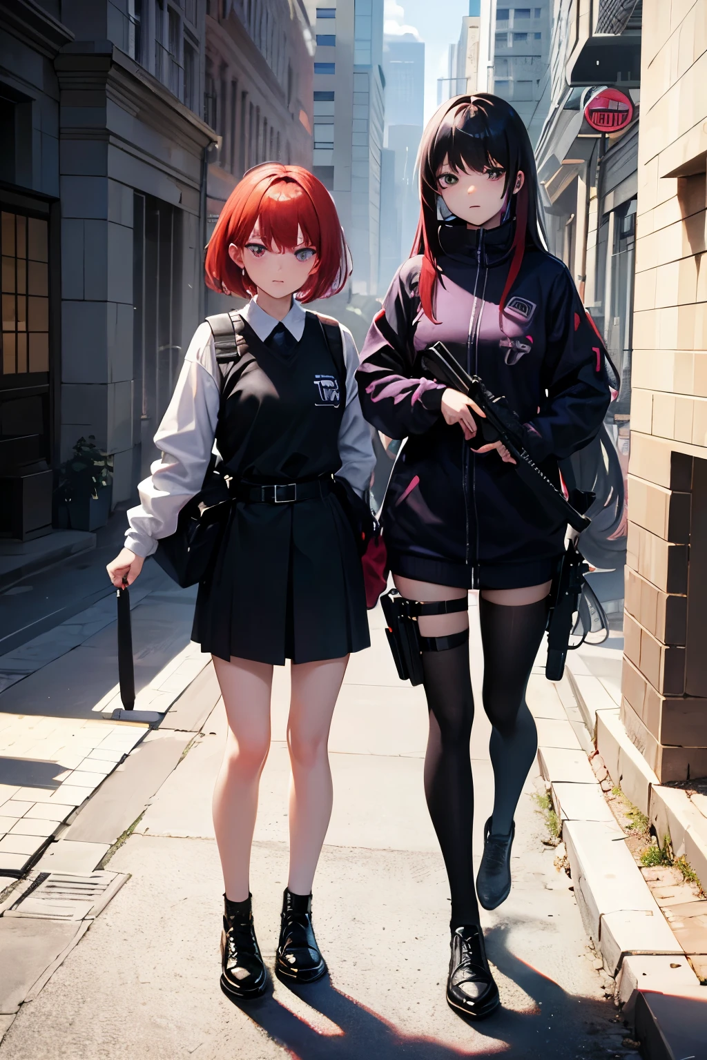 Two girls, one dressed as an agent with a gun, red hair, short hair, purple eye color, white skin, the other with black hair, long hair, dressed as a thief, green eye color, white skin