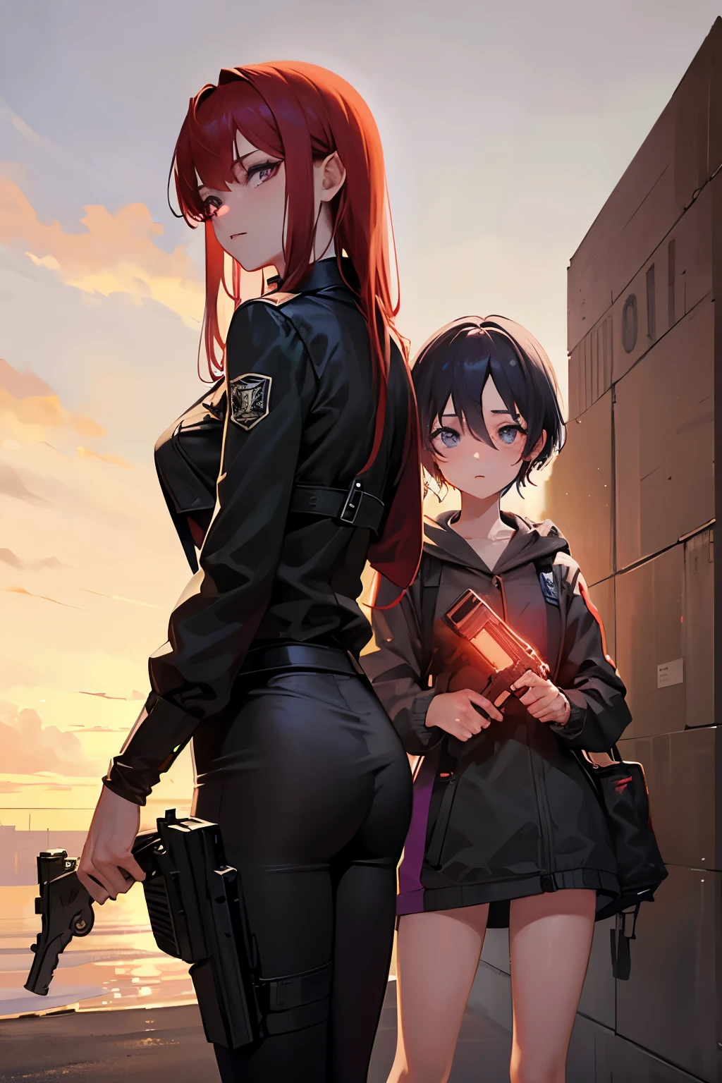 Two girls, one dressed as an agent with a gun, red hair, short hair, purple eye color, white skin, the other with black hair, long hair, dressed as a thief, green eye color, white skin