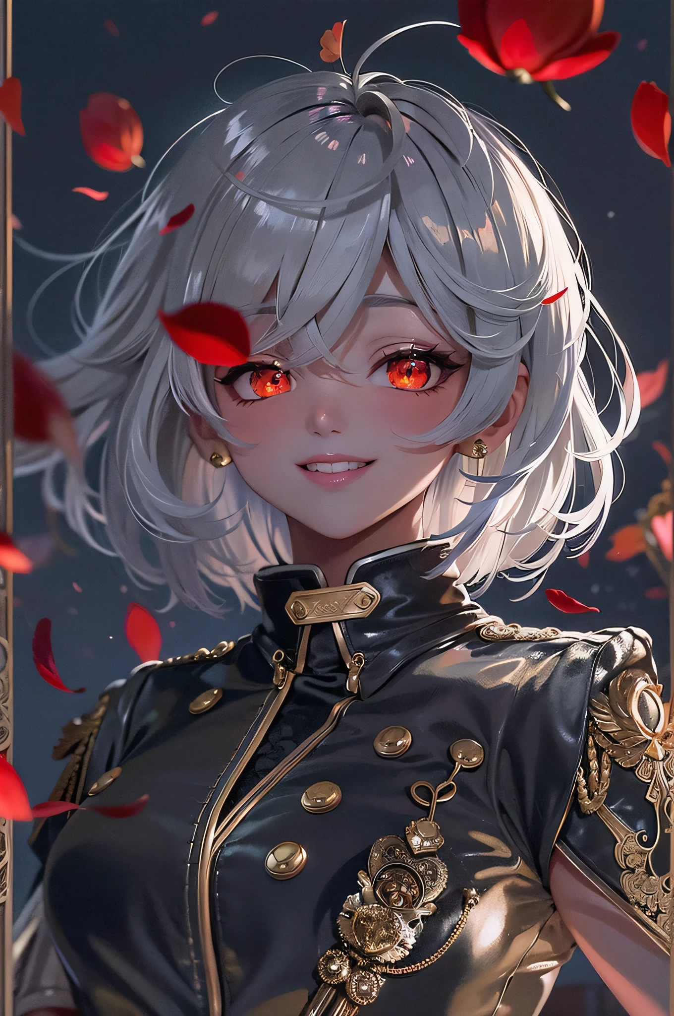 girl,silver hair,bob cut,red eyes,military suit,black jacket,jacket in Gold Design,night,belt,hand in Rapier,smile,red moon,Rose petals dance in the air,night sky,