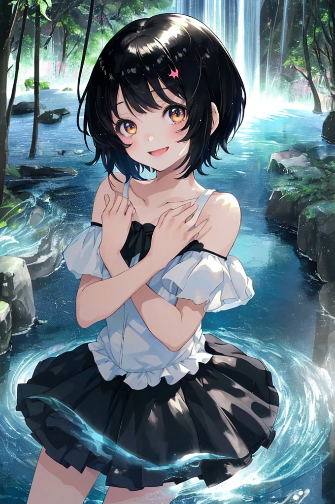 anime、beautiful girl、、Black Hair、A face that retains its youthfulness、short hair、Her hair is cut short, just short of her shoulders、Bright eyes、Sparkling eyes、Upper Body、A cheerful smile、dancing、Clear water flows like a waterfall、sunrise、rainbow、Fantastic World