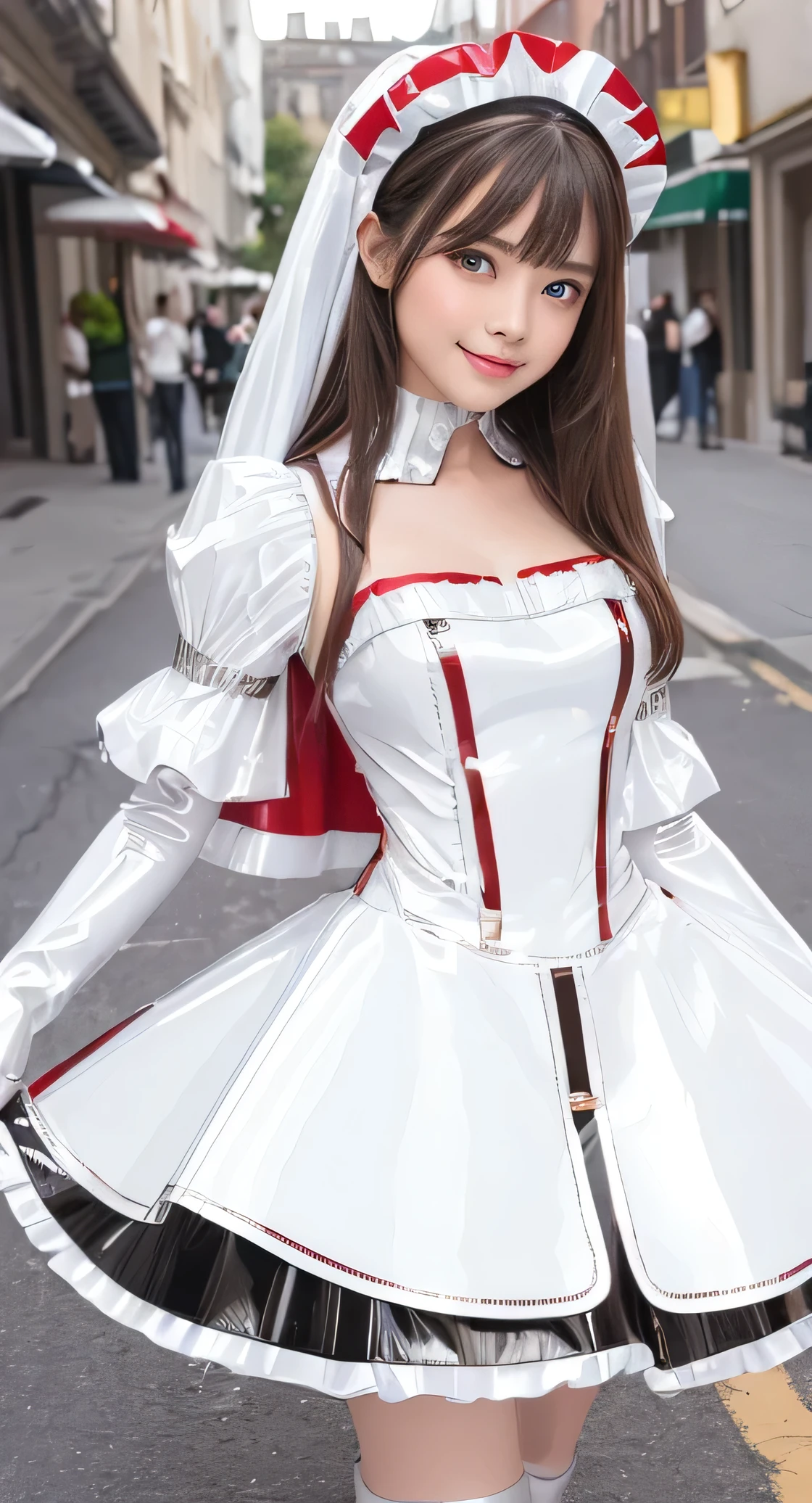 Angelic very beautiful cute young girl,
Beautiful detailed eyes, (5 yo:1.3),(clear-eyed:1.3),
Detailed double eyelids,
(Soft Saturation),
(Fair skin: 1.3),v-line jaw,
(Large eyes:1.4),
Long straight brown hair,
see-through bangs,
Sharp Focus,
beautiful detailed face and eyes,
drooping eyes,
small straight nose,
small mouth,
happy smiling with visible teeth, 85mm lens, F/8.0,BREAK (Super shiny white and metallic red PVC maid costume :1.5),(realistic photograph:1.4),Walking,Brown hair ,(Costumes with strong reflective surfaces:1.3),(lift skirt:1.2),panty,
(Best Quality:1.2),(Maid costume:1.4),
Raw photo,
High resolution,
perfect detail,
Professional Photography,
Professional Lighting,
Powerful lighting of the costume,In the street
