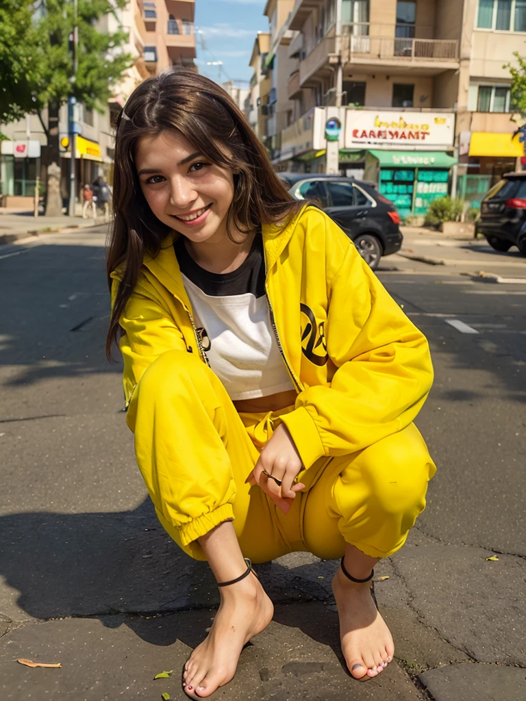  a 22 year old girl.
yellow jacket, yellow pants, smile, barefoot,