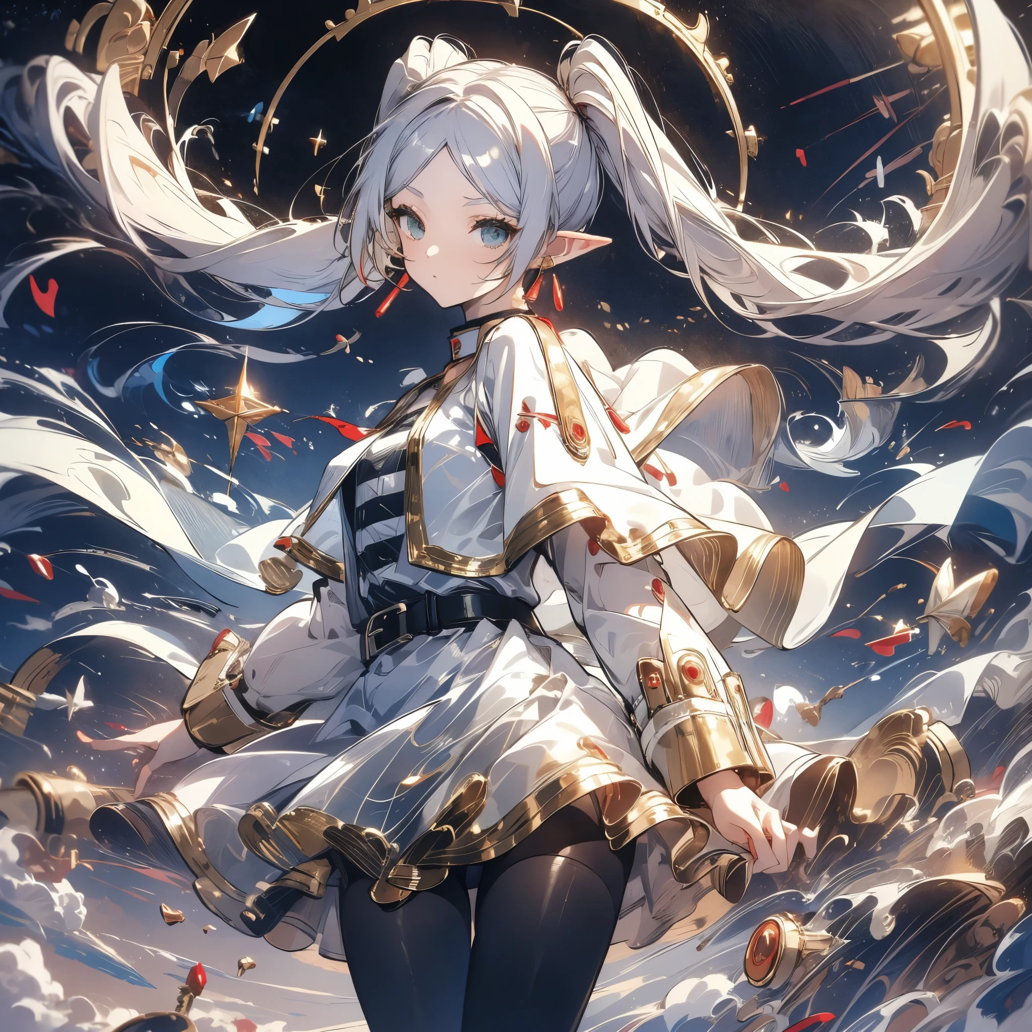 aafrie, long hair, white hair, twintails, pointy ears, earrings, thick eyebrows, white capelet, striped shirt, long sleeves, belt, white skirt, black pantyhose　high resolution　Holding a walking stick　magic circle　Beam from the wand　Streaks of Light　Shining Edge　Shining Background