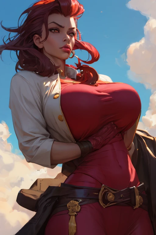 Girl with wavy red hair and rebellious, ((hair slicked back)), (angry eyes), ((dark circles around eyes)), golden eyes and tanned skin, ancient roman pirate style clothes, (gigantic breasts), background with clouds, realistic manhwa style.