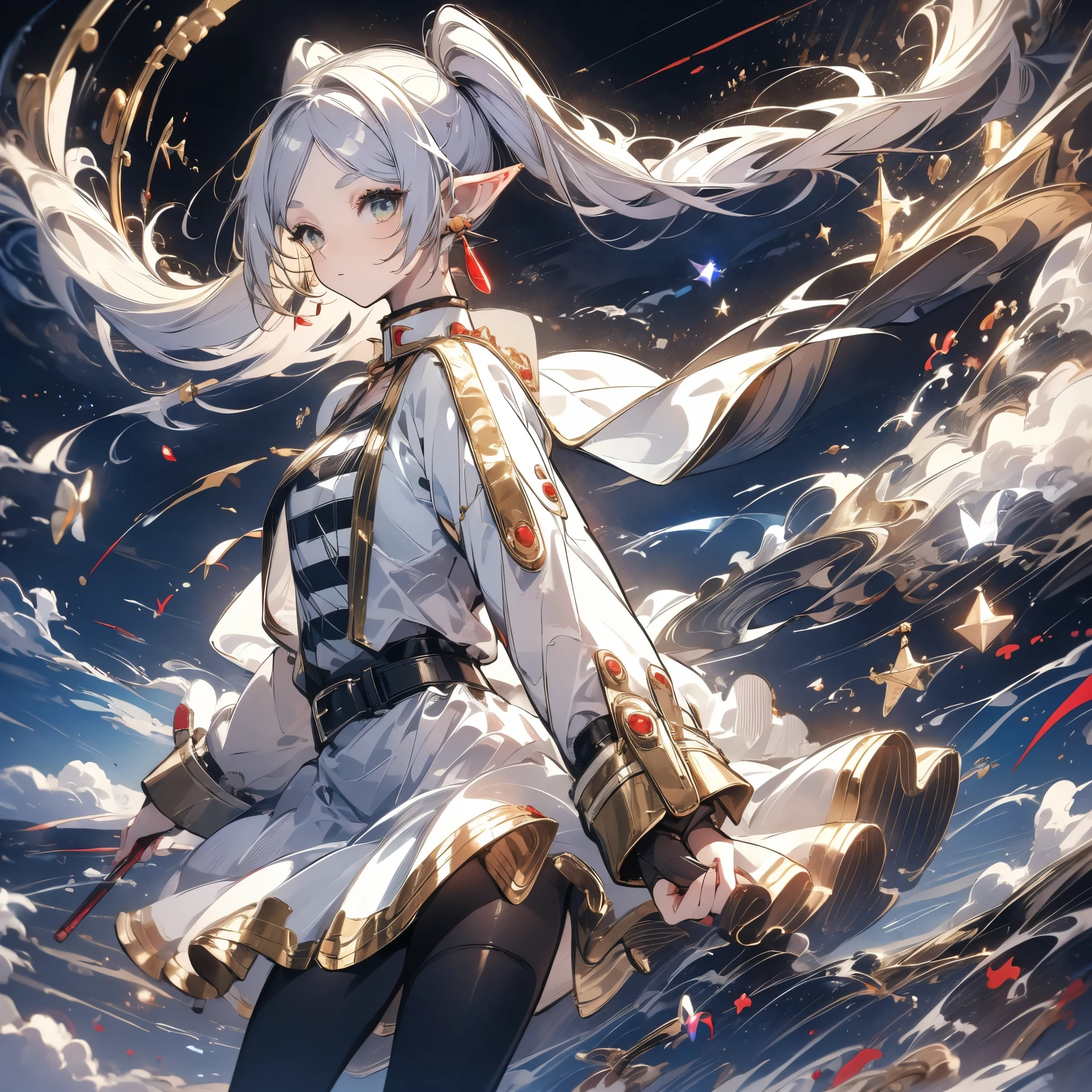 aafrie, long hair, white hair, twintails, pointy ears, earrings, thick eyebrows, white capelet, striped shirt, long sleeves, belt, white skirt, black pantyhose　high resolution　Holding a walking stick　magic circle　Beam from the wand　Streaks of Light　Shining Edge　Shining Background