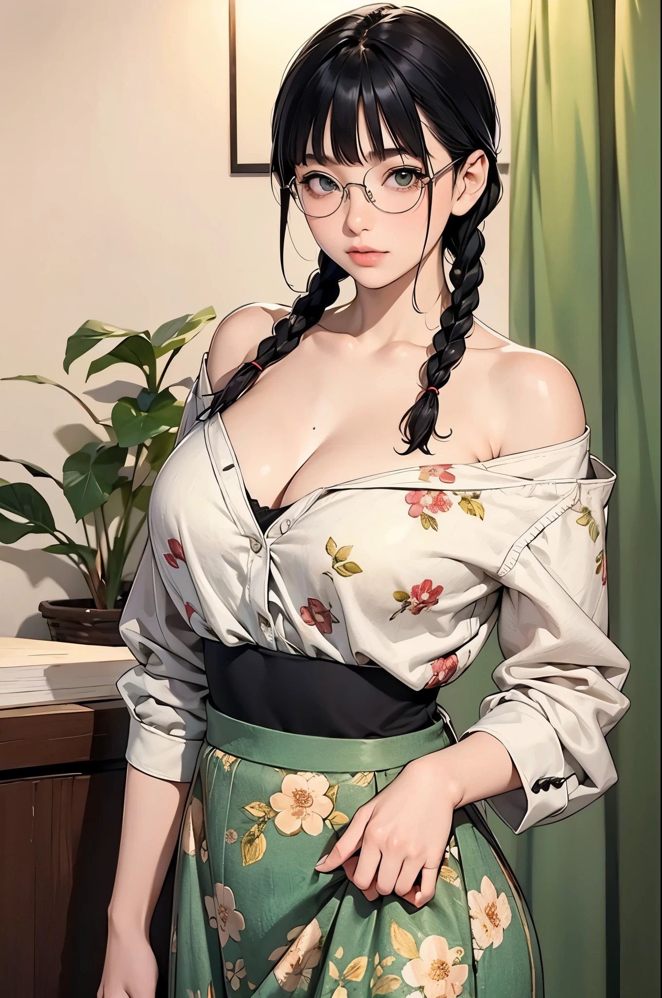 perfect eyes:1.2, detailed eyes:1.4, miyoshi, short hair, twin braids:1, black hair, green eyes, glasses, metal frame glasses, blunt bangs, fringe, indoors, large breasts, narrow waist, long skirt, floral print, cleavage, shirt, off shoulder, beautiful body, medium full shot, thigh-level shot, 1girl,(masterpiece:1.6, best quality),