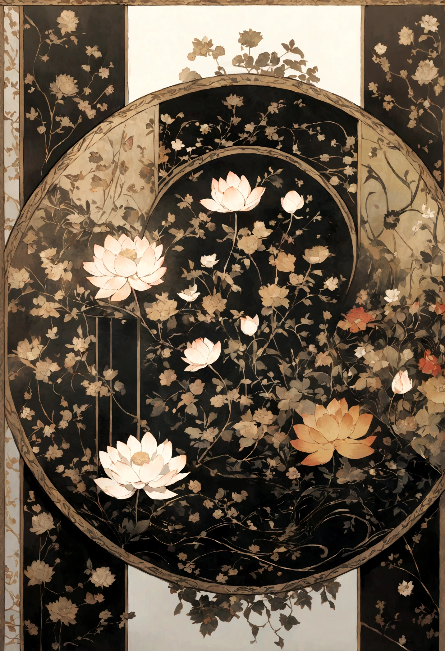 chinoiserie pattern,A large lotus pattern in the middle of the round plate,Elegant traditional Chinese pattern tiles,Fine line decoration,The art of embroidery,Oriental fabric design,tondo,symmetrical arrangements,The arrangement is concise,Visual harmony,Primerless canvas,best qualityenedetail,8K