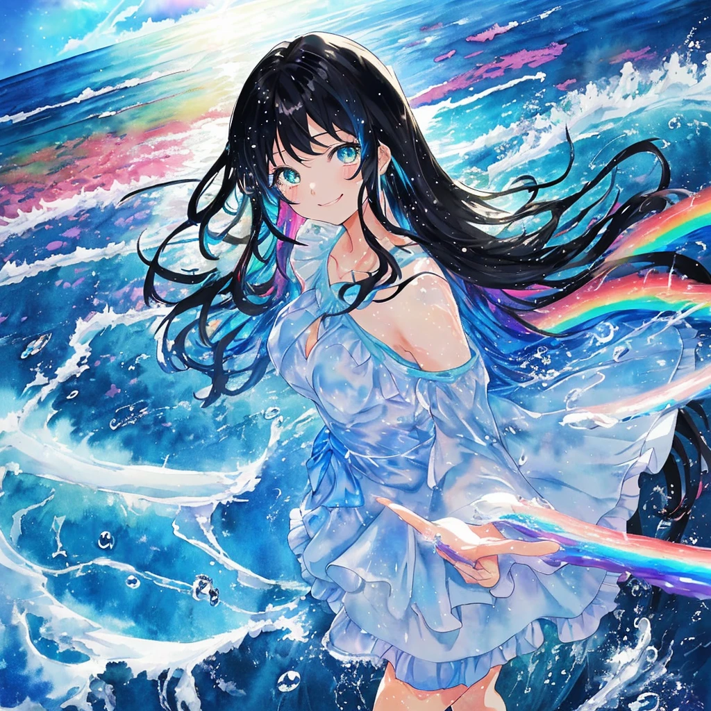 anime、Vibrant colors、Watercolor、Beauty、20 years old、Black Hair、Long Hair、Calm、Bright eyes、Sparkling eyes、smile、Large Breasts、blue sky、rainbow、Ocean、1000 water particles、rainbowを見つめている、dancing、Clear water flows like a waterfall、Bright dress