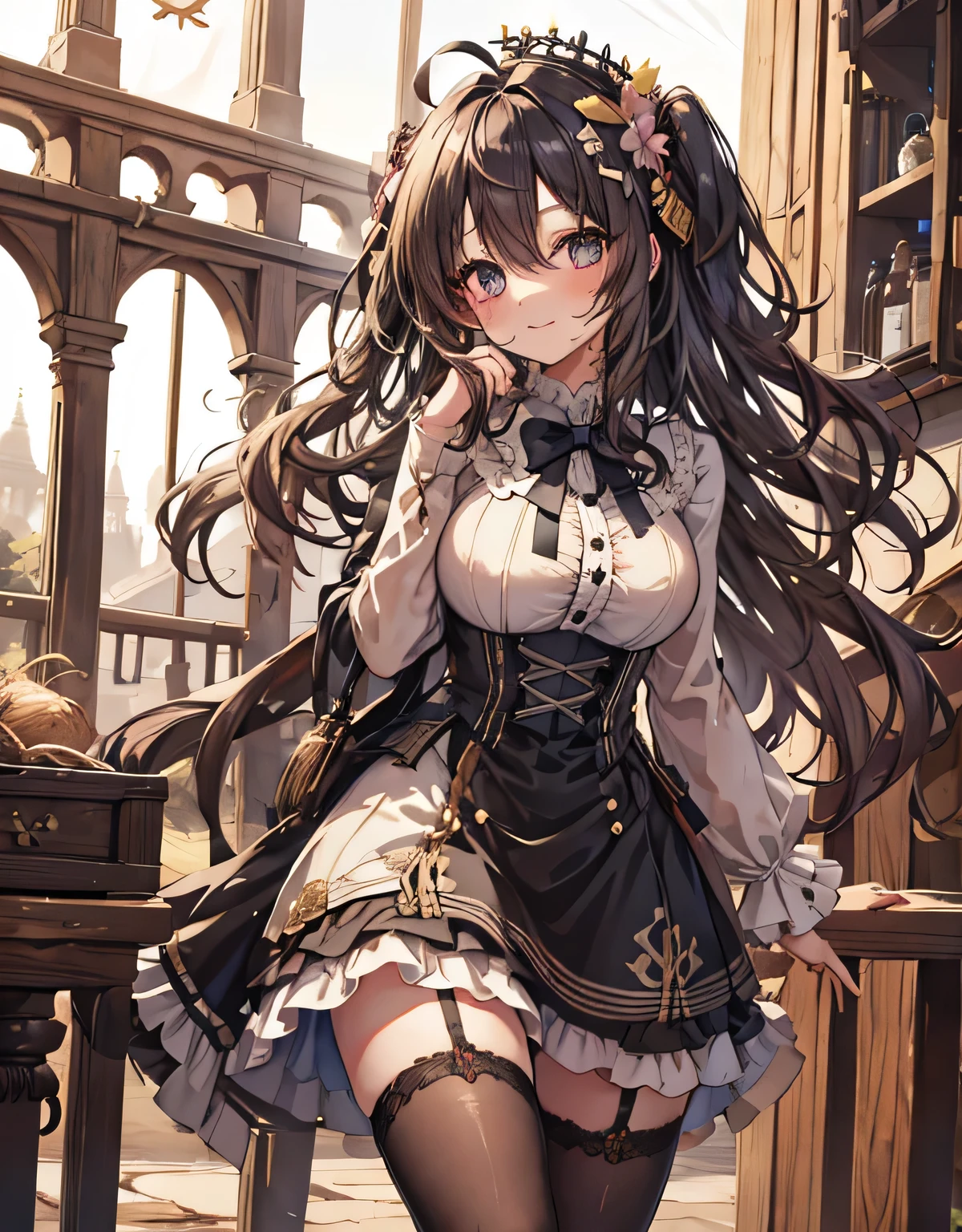 masterpiece, 1girl, sparrow, a black haired girl, wearing a victorian dress, curly long hair, messy hair, slim body, he close her left eye, shirt ornament, ruby eyes, ahoge, baby face, big breast, beautiful breasts, rounded breasts, long sleeves, beautiful eyes, white stocking, droopy eyes, her age is 19 years old, ricefield, bowtie, azusa_bluearchive, lovely face, medium hair, lovely smile, curly hair, gothic ****ta