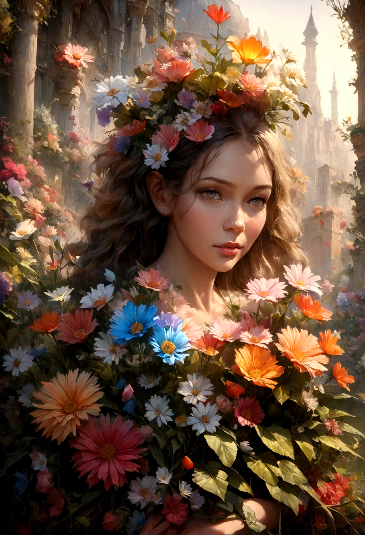 (best quality,4k,8k,highres,masterpiece:1.2),ultra-detailed,(realistic,photorealistic,photo-realistic:1.37),vibrant colors,impressive texture,light and shadow, daisy, variety of flowers,delicate details,exquisite craftsmanship,romantic, harmonious composition,rich color palette,dynamic movement of petals,smooth transitions between elements,subtle depth of field,ethereal beauty,e,immersive and captivating imagery,lively and captivating,meticulous attention to detail,soft and delicate hues,opulent floral display,fascinating patterns and intricacies,overflowing with life,explosion of colors and scents,dreamlike and surreal setting,serene and tranquil environment,harmonious blend of nature and art,captivating and immersive floral world,awe-inspiring and breathtaking view,masterful combination of form and color,meticulously hand-painted masterpiece,meticulous brushwork and fine lines,rich and vibrant pigments,artistic and whimsical interpretation of nature,lively and dynamic composition,exquisite symmetry and balance,