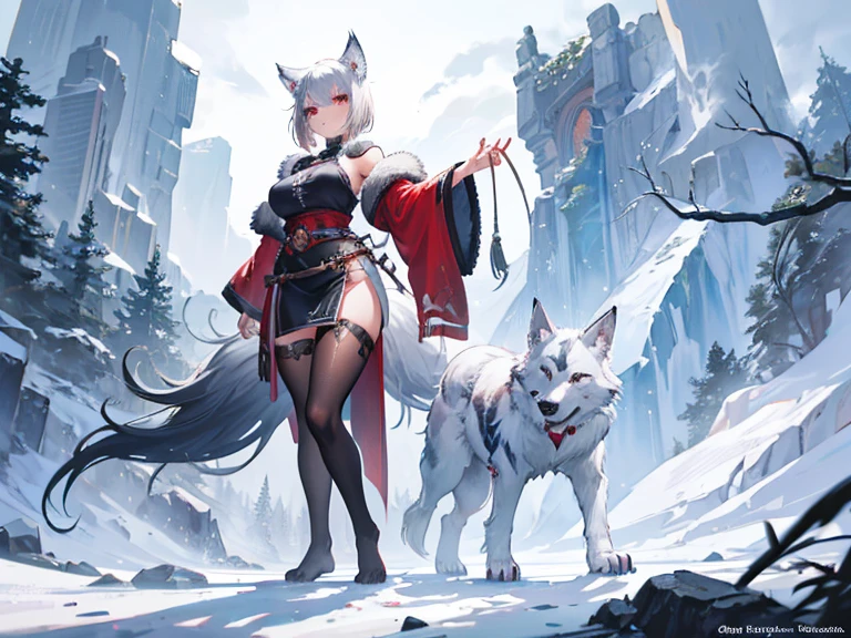A beautiful girl with half gray hair and half black hair，half-orc，Limbs of a wolf，Wolf tail，Wolf ears，Wolf maiden，Beast Girl，Tsundere expression，Best quality at best，tmasterpiece，High- sharpness，Stand in the icy mountains and forests，Full body photo，A wolf girl with wolf claws，half-orc，short detailed hair，without wearing shoes，Feet are dog paws，Hands are dog paws