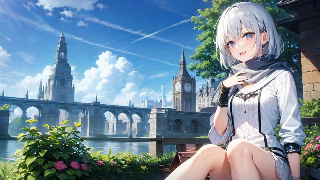 Her eyes were shining、Mysterious and enchanting atmosphere。With AI Painting、とてもShort Hair, Long bangs between the eyes, Grey Eyes , Very detailed,(masterpiece、highest quality)、alone、Gray Hair、Fantasy, Silver Hair, Beautiful Eyes,Ecstasy, charm, attract the audience, Fantasyな風景、White shirt、smile、Open your mouth、Scarf、short hair、Short Hair、Flower Field、hairpin、Dark Eyes