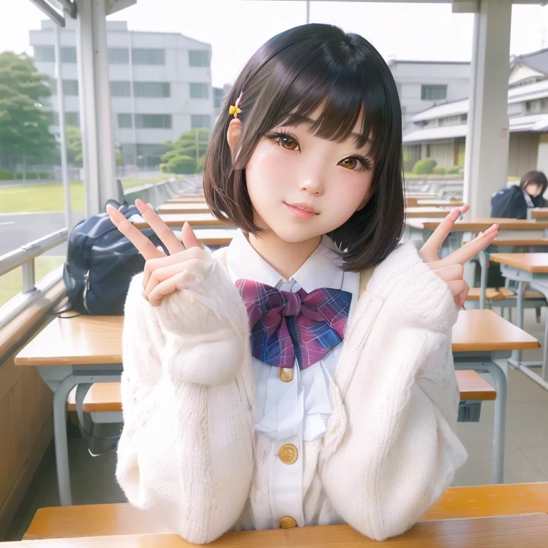 A young woman is sitting at a table with her hands raised, Japanese girls uniform, Japanese , Beautiful anime school girl, Acquire Japanese language skills , cute kawaii girl, Shirahime cut hairstyle, shikamimi, Real life anime girls, cute , sakimichan, Ulzzang, Portrait of a Japan teenager, Chiho