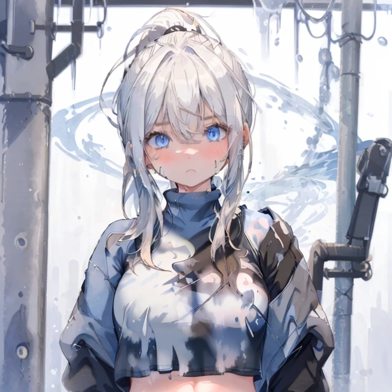 1 girl、Mature、Ample breasts、White Hair、Long Hair、Blue Eyes、Sharp Eyes、ponytail、ハイponytail、Black tank top、Belly button、Sportswear、Sweat、Water Drop、Gym、cool、Super detailed、High resolution、highest quality、