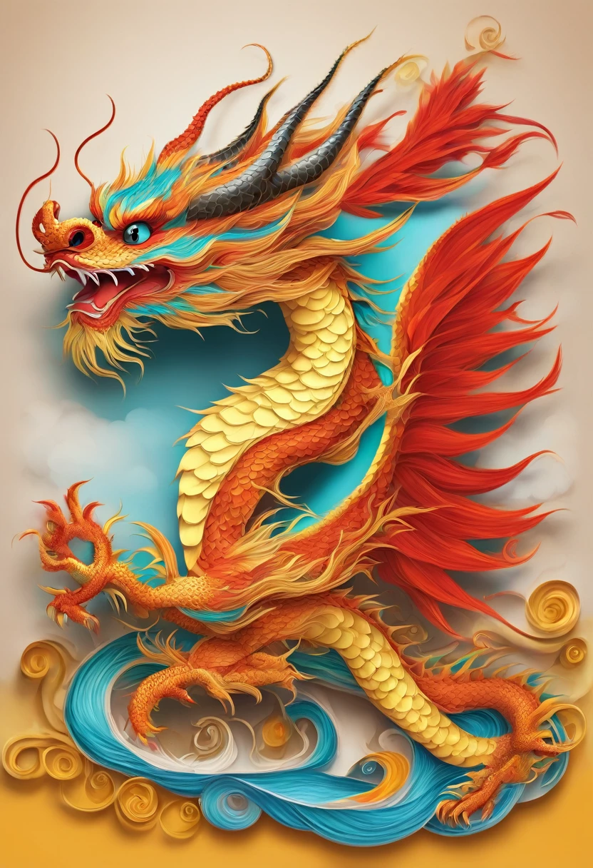 Illustration of a dragon with a red nose and a yellow tail, Cute Chinese Dragon,Chinese dragon concept art, Cyan Chinese Dragon Fantasy, Anthropomorphic dragon,Illustration realistic style