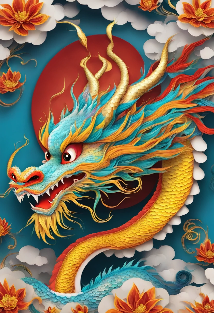 Illustration of a dragon with a red nose and a yellow tail, Cute Chinese Dragon,Chinese dragon concept art, Cyan Chinese Dragon Fantasy, Anthropomorphic dragon,Illustration realistic style