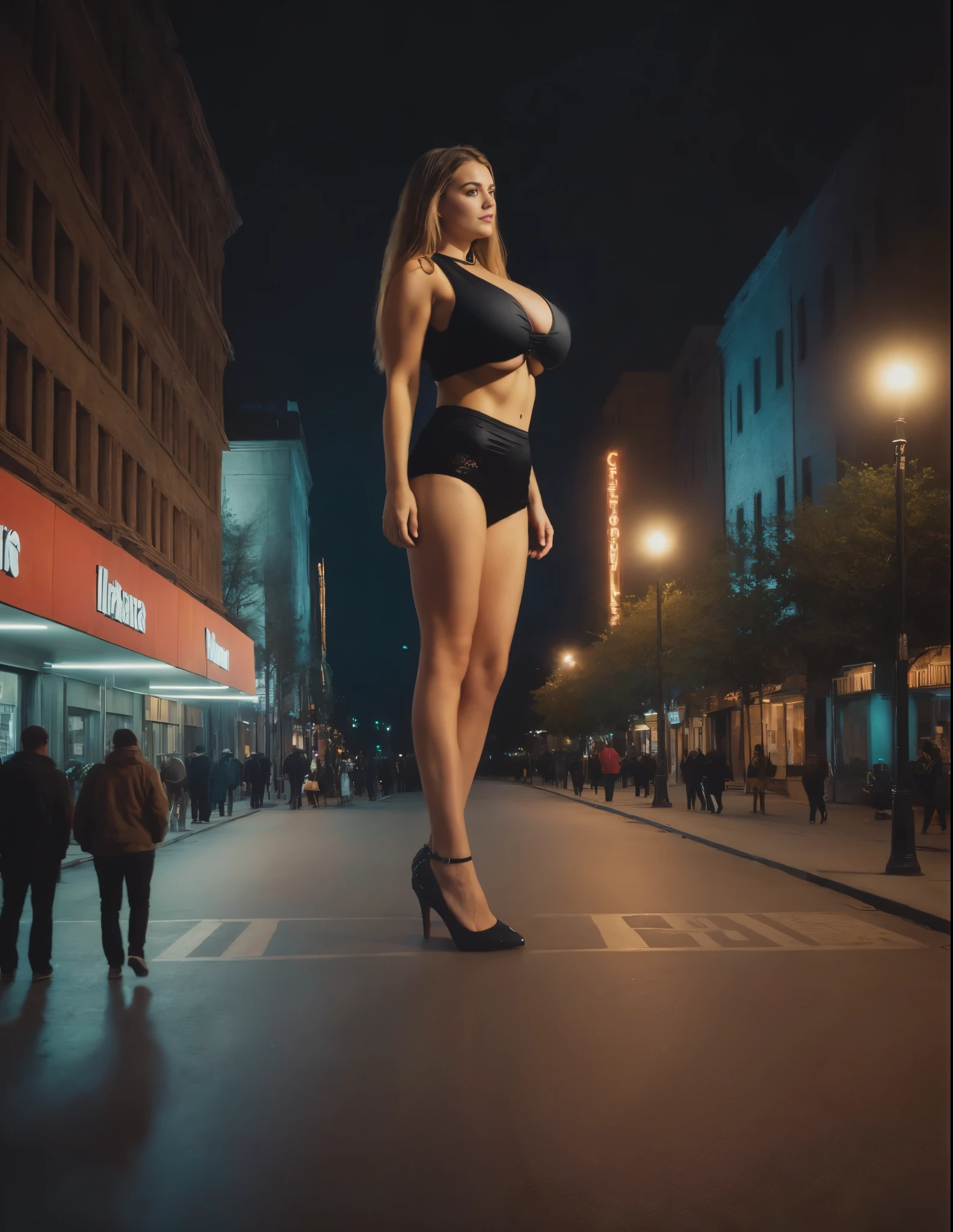 side view, cleavage, plain black one-piece, (big giant enormous oversized massive huge colossal breasts:1.5), (gigantic sagging breasts:1.5), symmetric breasts, (extremely very long full big hair)