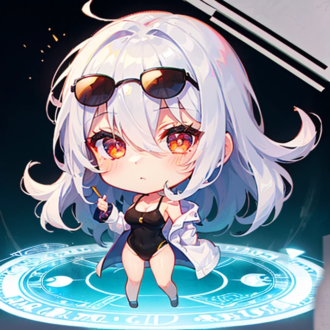 ((((One Woman)))),Woman with sunglasses, [[[[smile wickedly]]]], (high quality), Silver Hair,gapmoe yandere, Silver Hairの女性, Portrait Gap Moe Yandere Grimdark,Scholar in white coat,magician,Half Up,Medium Hair,Hair between the eyes,Wavy Hair,whole body,(((38 years old))),A moving picture,((((((One Woman)))))),((((Wearing pareo))),Cool off-the-shoulder black swimsuit,Straw hat,A moving picture,Fighting with magic,Summoner,最high quality,magic circle,Black camisole,Cool pose,(magic circle),(((((chibi))))),