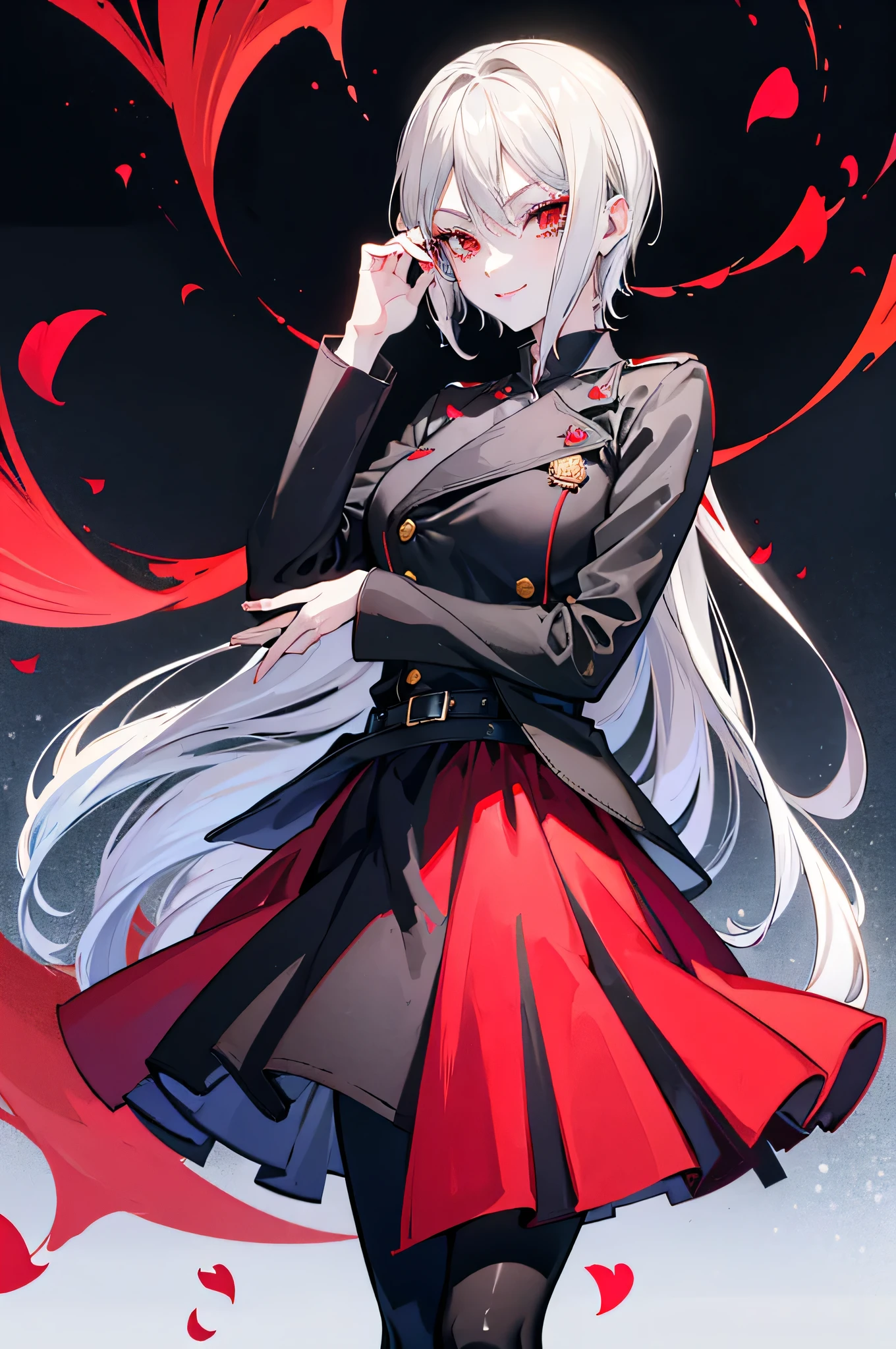 vampire,girl,silver hair,bob cut,red eyes,military suit,black jacket,jacket in Gold Design,night,belt,hand in Rapier,smile,red moon,Rose petals dance in the air,night sky,