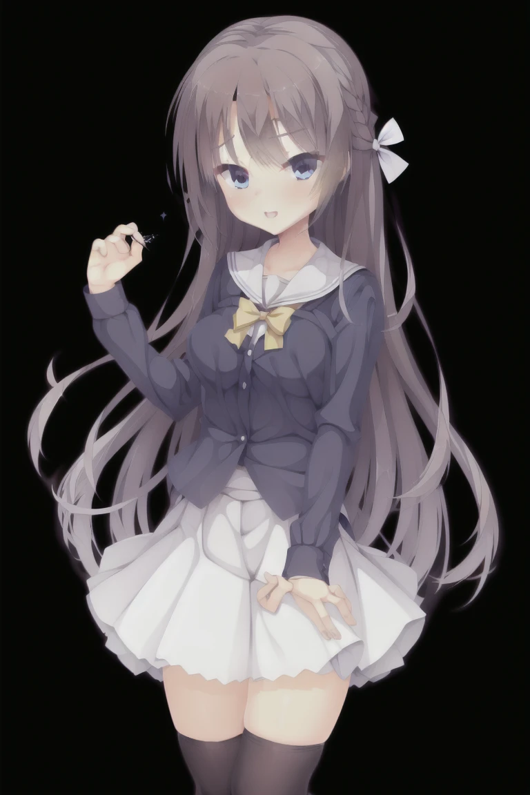1girl,smiling,bangs,long_hair,ribbon,solo,blue_eyes,blush,silver_hair,simple_background,skirt,white_background,open_mouth,eyebrows_visible_through_hair,smile,looking_at_viewer,thighhighs,school_uniform,long_sleeves,serafuku,hair_ornament,hairclip,shadow,hairband,hair_between_eyes,standing,one_eye_closed,white_skirt,hair_ribbon,shirt,full_body,pleated_skirt,bow,bowtie,grey_hair,very_long_hair,white_shirt,black_footwear,collarbone,shoes,buttons,white_legwear,zettai_ryouiki,sailor_collar,hair_bow,blue_bow,yellow_bow,hand_up,blue_hairband,blue_ribbon,yellow_neckwear,index_finger_raised,standing_on_one_leg,;d,mary_janes,drop_shadow,white_sailor_collar,full_body,Character portrait,Bedroom,expensive_solve, clear_image, expensive_Contrast, 8k, Sparkling, beautiful_detailed_face_and_eye, (Dark Brown Hair:1.25), 白 eye,Black background