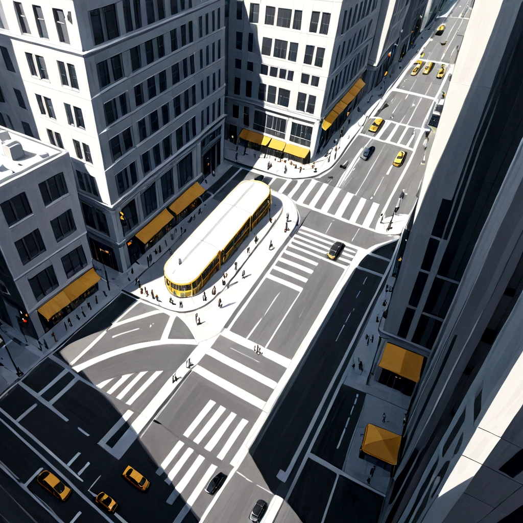 detailed drawing, cityscape with a bustling street scene in a bird's eye view. The left half of the panel should feature a tall building with yellow windows, while the right half should depict a busy intersection with people rushing about. The sunlight should be bright, casting long shadows on the streets. Use bold lines and curved shapes for a stylized effect, grey scale: 2,