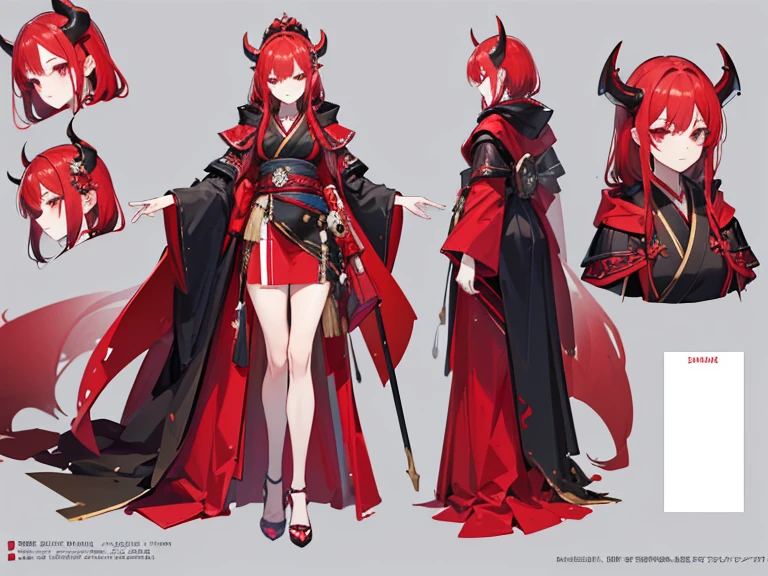 ((Masterpiece, Highest quality)), Detailed face, character sheets, full bodyesbian, Full of details, Multiple poses and expressions, Highly detailed, Depth, Many parts,Red-haired beautiful girl,Black Devil Horn,Wearing a red and white kimono,Red and black cloak,Bare legged,red high heel pumps