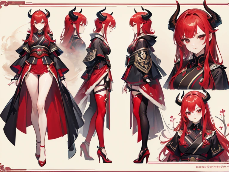 ((Masterpiece, Highest quality)), Detailed face, character sheets, full bodyesbian, Full of details, Multiple poses and expressions, Highly detailed, Depth, Many parts，Red-haired beautiful girl，Black Devil Horn，Wearing a red and white kimono，Red and black cloak，Bare legged，red high heel pumps