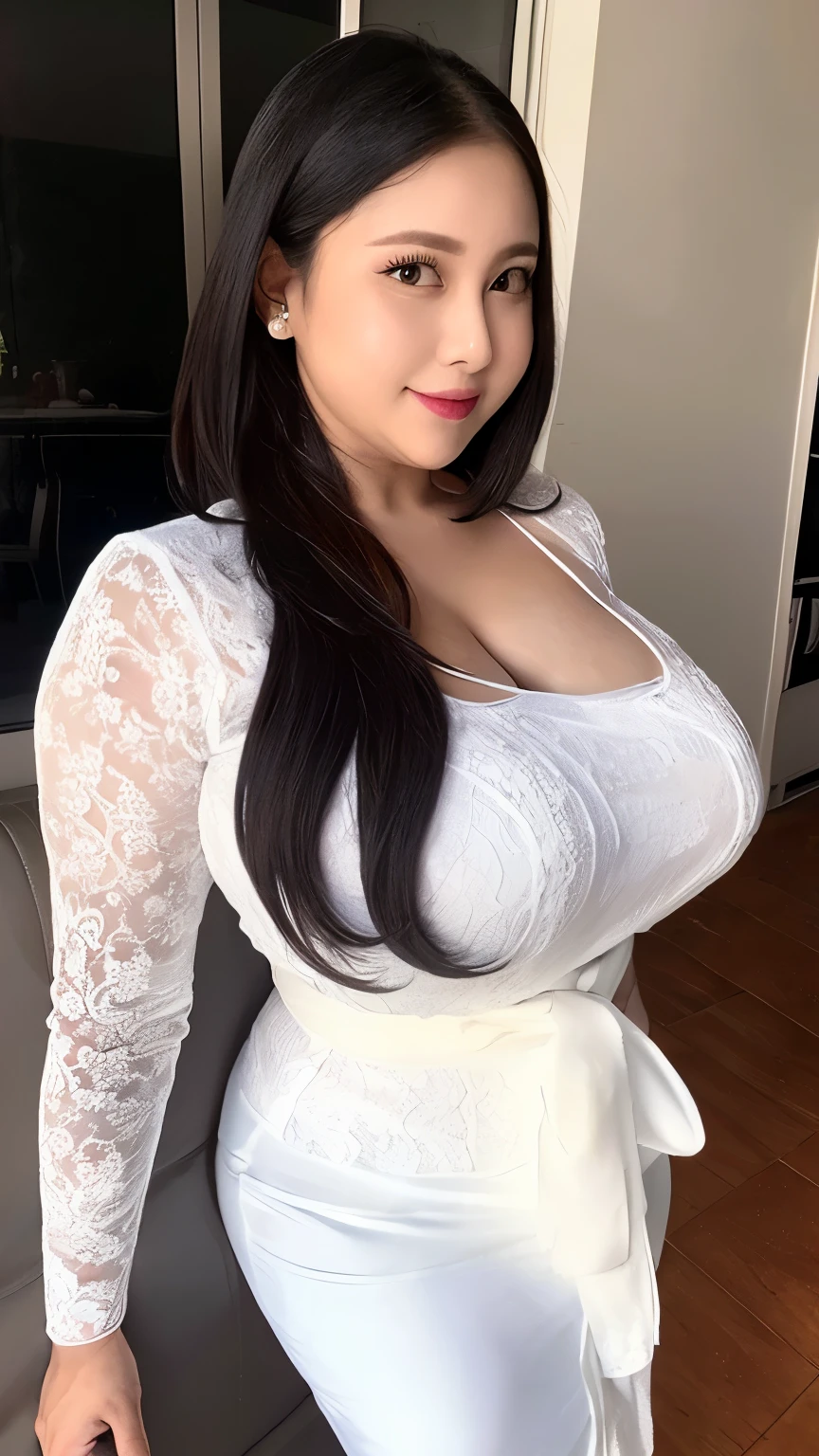 (REALISTIC) (elegant milf) (Big Mature : 3 Curvy body) ((goddess face)) ,(((white kebaya))),huge breasts,(trasnparent),short hair,,milf