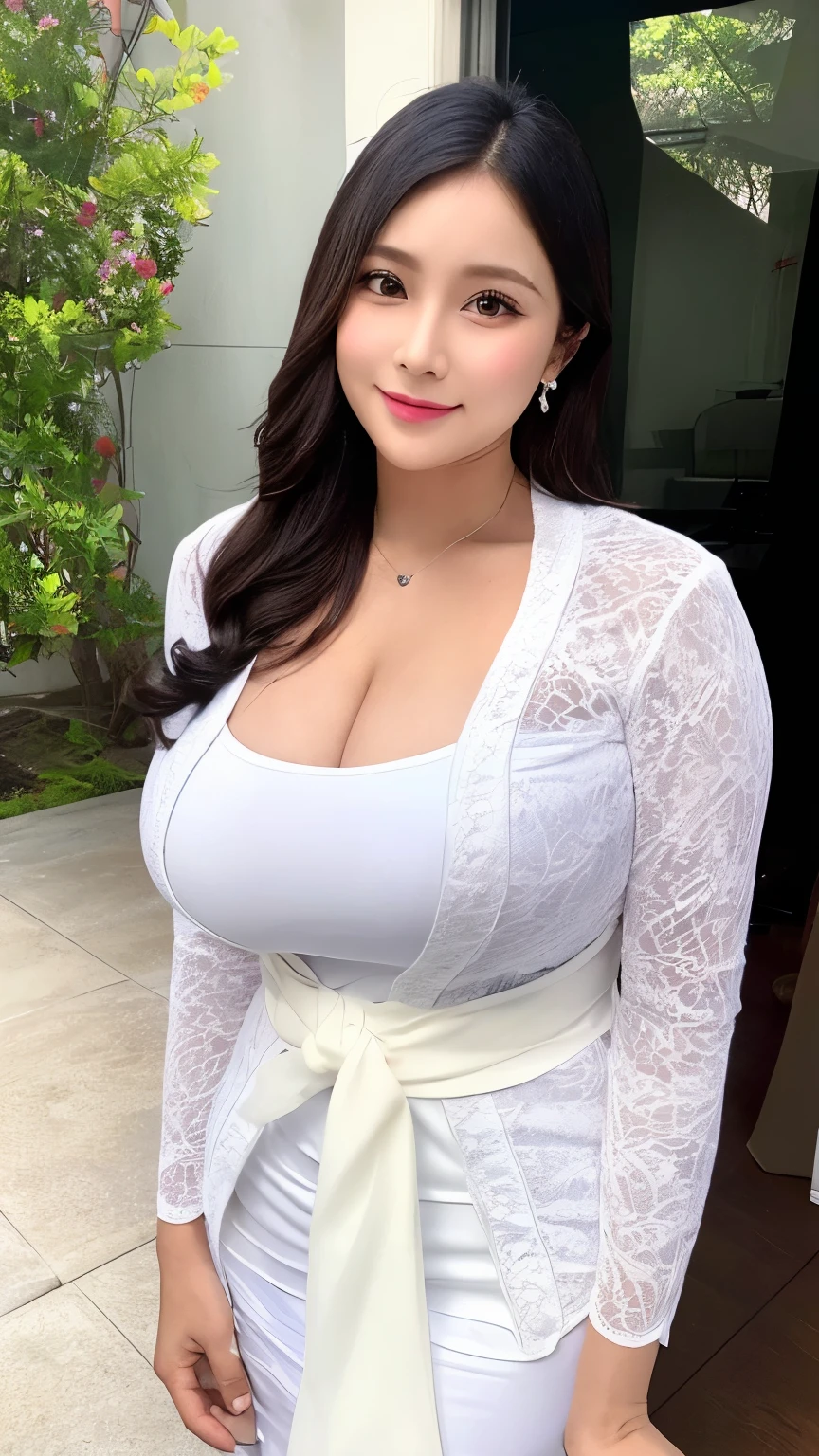 (REALISTIC) (elegant milf) (Big Mature : 3 Curvy body) ((goddess face)) ,(((white kebaya))),huge breasts,(trasnparent),short hair,,milf