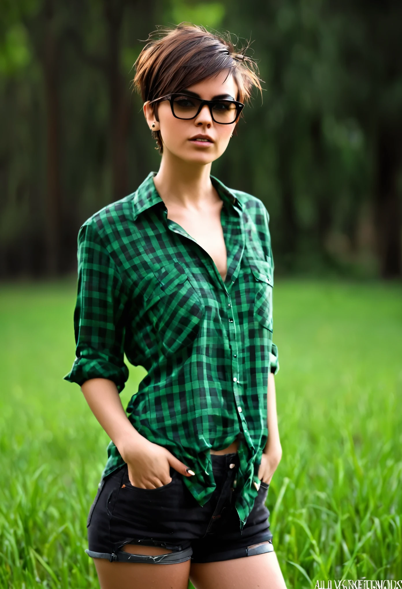 chica punk con gafas y una camisa oscura, Blurry green grass and trees in the background, short brown hair, cara detallada, Alta calidad, high resolution, cuerpo hot y sexy 