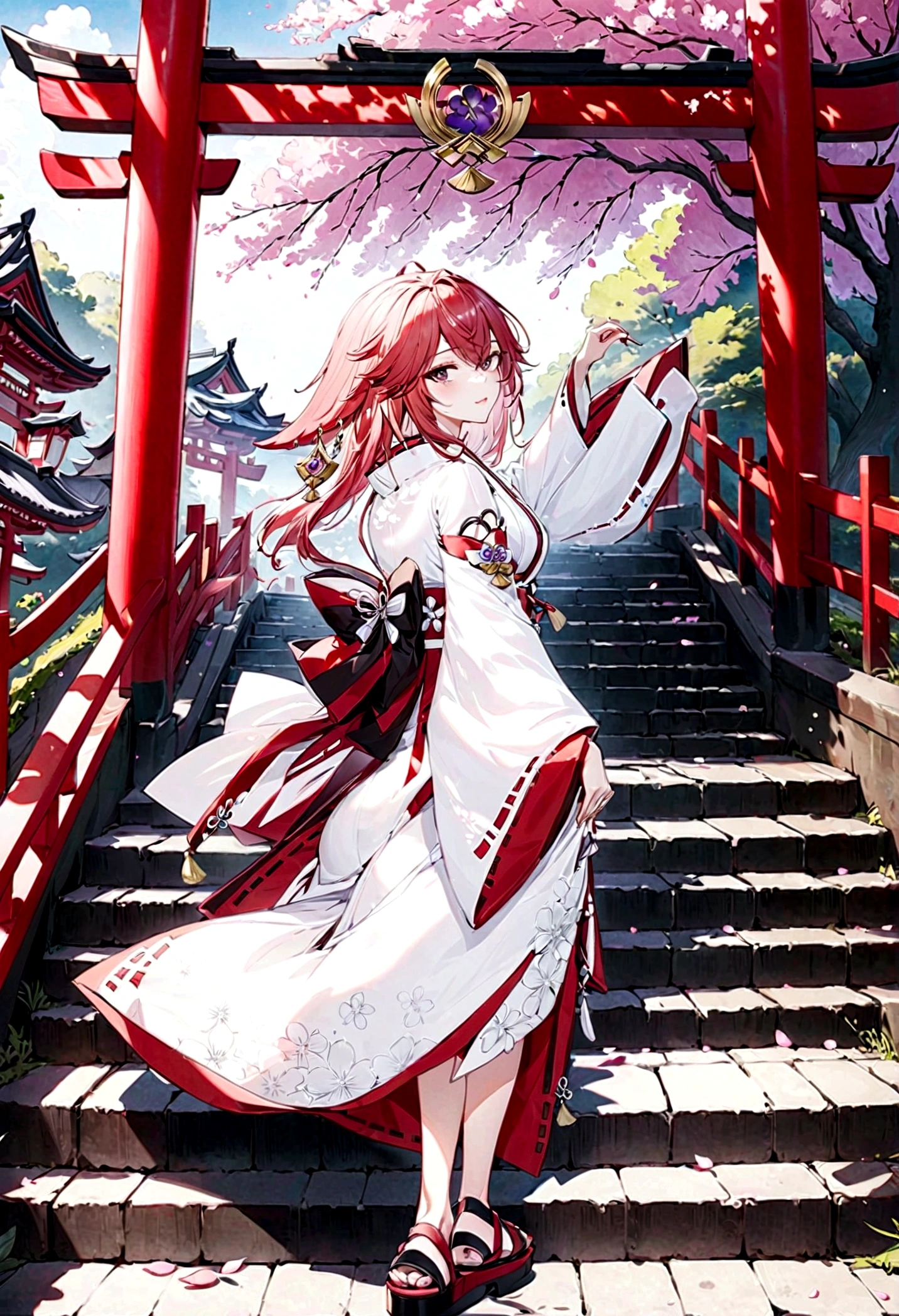 (masterpiece, best quality: 1.2), Traditional Chinese ink painting, Yae Miko, Genshin, outdoor,Red Torii,Tree,stairs,look back，Cherry blossoms，Sky，petal，Clogs sandals，White Kimono，