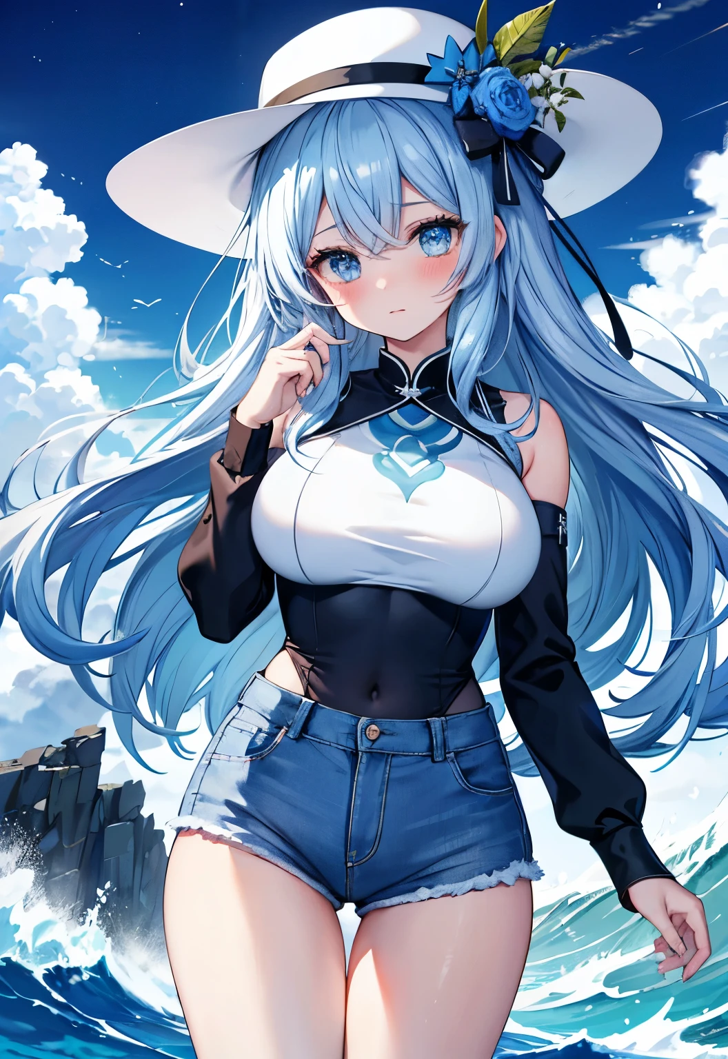 Blue Hair，blue eyes，long hair，Big Wave，blush，Large Breasts，Sea snow mountain background，Ice around，Royal sister ，Cangyue《Stealing Stars in September》，Denim shorts，White top，hat