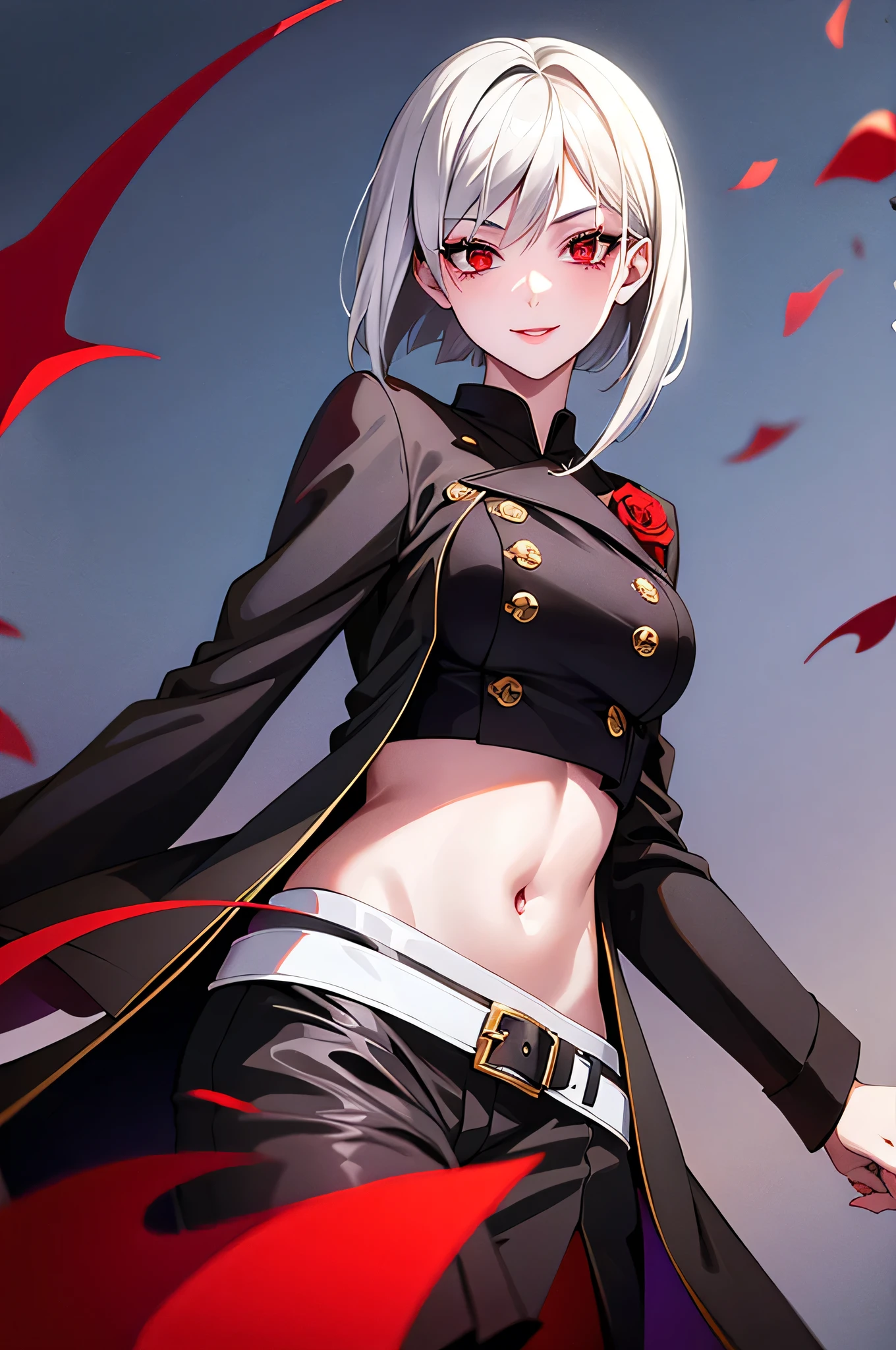 vampire,girl,silver hair,bob cut,red eyes,military suit,black jacket,jacket in Gold Design,night,belt,hand in Rapier,smile,red moon,Rose petals dance in the air,night sky,