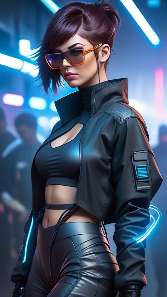 Techwear fashion in the style of artgerm, Cyberpunk Style, 1woman, Velma, cyberpunk clothing, female focus, cyberpunk background, robot, science fiction, solo, full body, wires and cables, . Futuristic, cyberpunk, urban, tactical, sleek, dark, highly detailed  