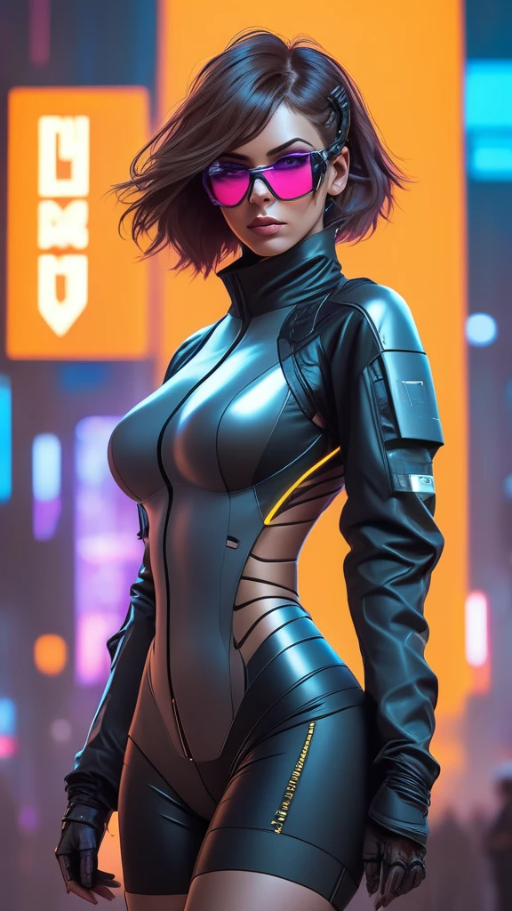 Techwear fashion in the style of artgerm, Cyberpunk Style, 1woman, Velma, cyberpunk clothing, female focus, cyberpunk background, robot, science fiction, solo, full body, wires and cables, . Futuristic, cyberpunk, urban, tactical, sleek, dark, highly detailed  