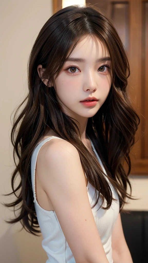 ((masterpiece: 1.4, best quality))+,(ultra detail)+, official art, unity 8k wallpaper, ultra detail, beautiful, high quality, Highlight your cute face, masterpiece, best quality, semi wavy medium length hair, (brown eyes, brown hair)