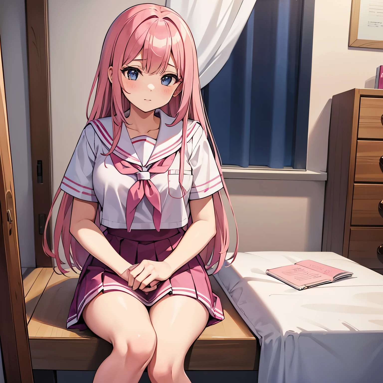 Official Art、Highest quality ultra-detailed CG art、The most beautiful girl in the world:1.2)、Sayla Uniform、Pink Hair、room、young、cute、10 years old、blue eyes、