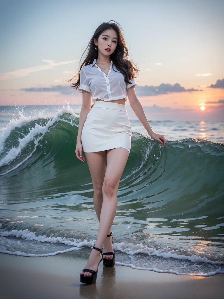 view from below,sunset summer beach background,full body,(tall girl:1.2),wave hair,girl,mini skirt,wet croped shirt,(high heel:1.2),walking,slim legs,big breasts,