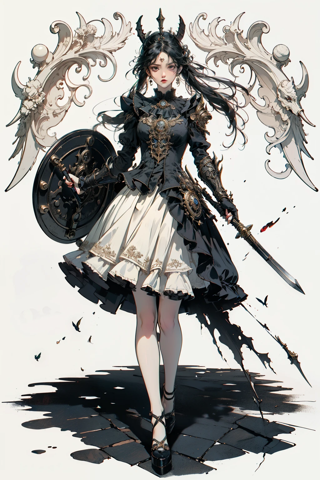 ((best quality)), ((masterpiece)), (detailed), perfect face ((best quality)), ((masterpiece)), (detailed), blank white background, plain background, white background, victorian era inspired floral background, Bloodborne inspired,  occult aesthetic, occult, detailed and intricate steampunk and detailed gothic, (zentangle, mandala, tangle, entangle),  NSFW, torn clothing, Very dramatic and cinematic lighting, cosmic horror, grim-dark, side-lighting, perfect face, a beautiful goddess adorned and enshrined in armour, Bloodborne inspired , occult aesthetic , occult , detailed and intricate steampunk and detailed gothic , wielding a sword and holding a shield, NSFW, Fluttering lace flared short dress with frilly petticoats, knee length dress, pleated petticoats, lolita dress, petticoats gothic lolita, side-lighting, gothic lolita aesthetic, beautiful small breasts, small breasts, full body, whole body, body, plain background, white background, blank background, no background, white background NSFW, full body, whole body, head-to-toe